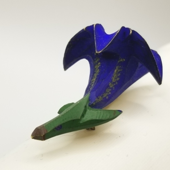 Gentian Violet Lily Mid Century Brooch Pin 30s Painted C Hook Closure Blue Vtg - Picture 7 of 12